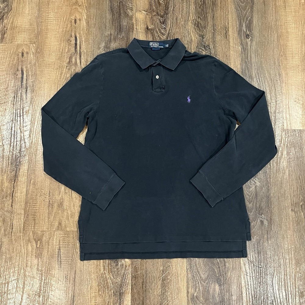 Polo by Ralph Lauren Custom Fit Black Long Sleeve Cotton Logo Pique Polo L